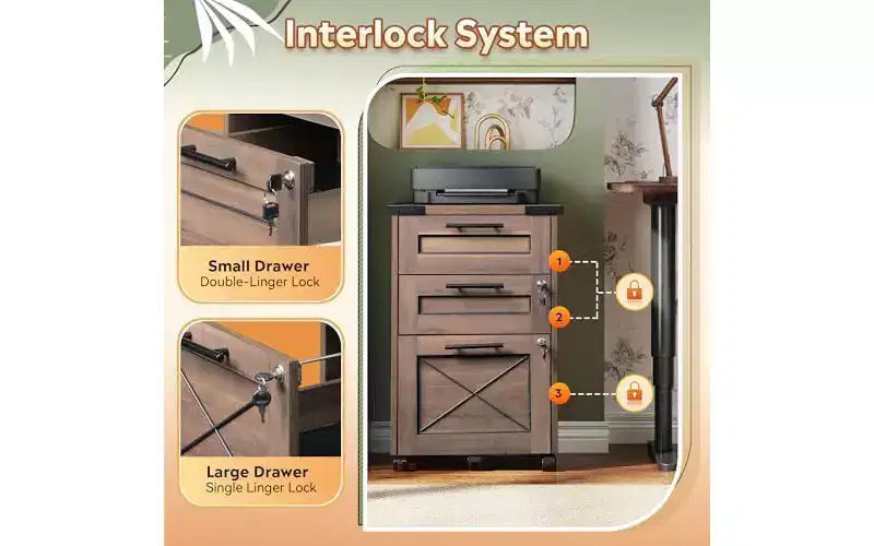 3-Drawer Rolling File Cabinet with Hanging Files, Farmhouse Style – Dark Brown / Gray / Oak, Single-User