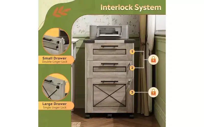 3-Drawer Rolling File Cabinet with Hanging Files, Farmhouse Style – Dark Brown / Gray / Oak, Single-User