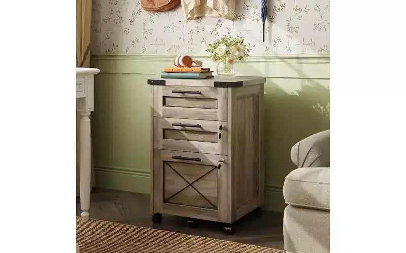 3-Drawer Rolling File Cabinet with Hanging Files, Farmhouse Style – Dark Brown / Gray / Oak, Single-User
