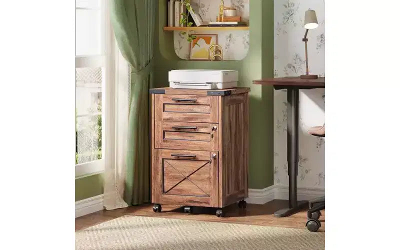 3-Drawer Rolling File Cabinet with Hanging Files, Farmhouse Style – Dark Brown / Gray / Oak, Single-User