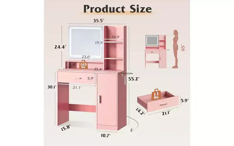 Lighted Vanity Desk with Mirror, Drawer, Cabinet & Shelves – Black / Brown / Pink / White – 1 Person