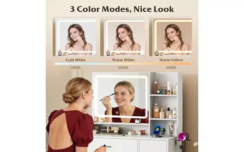 Lighted Vanity Desk with Mirror, Drawer, Cabinet & Shelves – Black / Brown / Pink / White – 1 Person