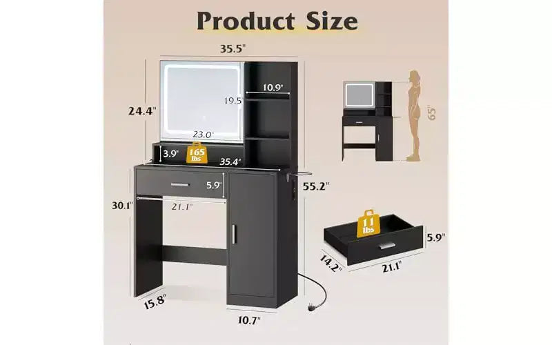 Lighted Vanity Desk with Mirror, Drawer, Cabinet & Shelves – Black / Brown / Pink / White – 1 Person