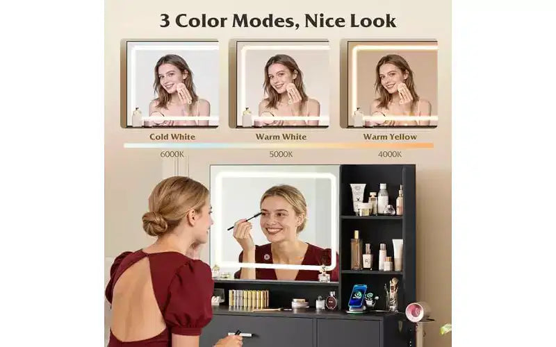 Lighted Vanity Desk with Mirror, Drawer, Cabinet & Shelves – Black / Brown / Pink / White – 1 Person