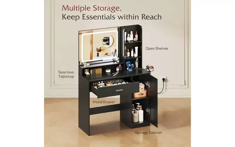 Lighted Vanity Desk with Mirror, Drawer, Cabinet & Shelves – Black / Brown / Pink / White – 1 Person