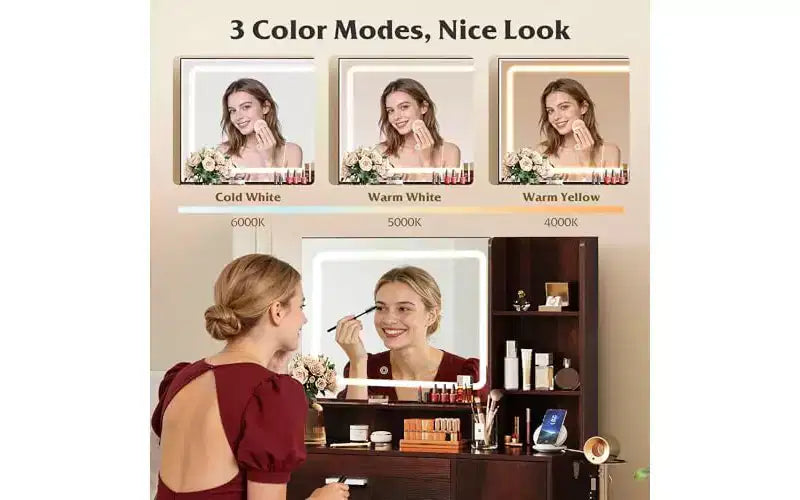 Lighted Vanity Desk with Mirror, Drawer, Cabinet & Shelves – Black / Brown / Pink / White – 1 Person