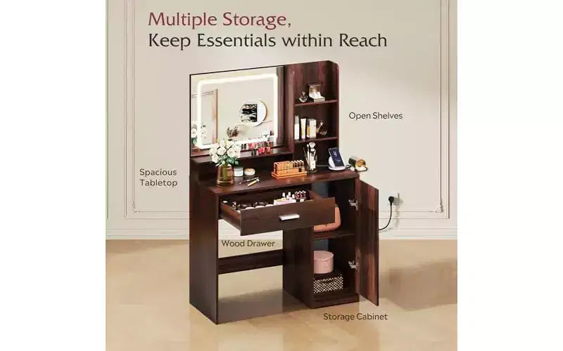 Lighted Vanity Desk with Mirror, Drawer, Cabinet & Shelves – Black / Brown / Pink / White – 1 Person
