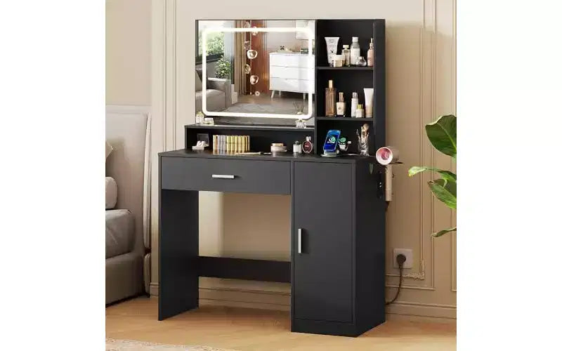 DEXYLLO Small Vanity Desk with Lighted Mirror and Lights for Girls, Makeup Vanity Table with Drawer, Cabinet and Open Shelves