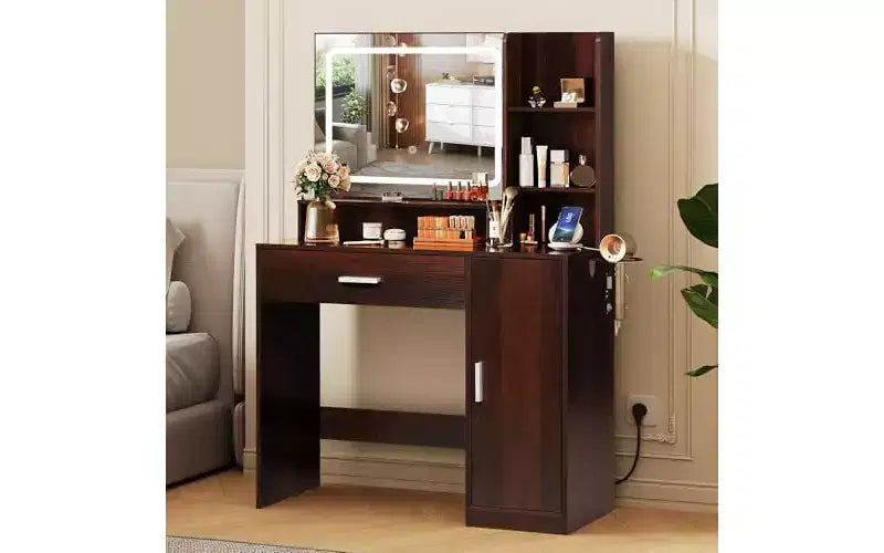 Lighted Vanity Desk with Mirror, Drawer, Cabinet & Shelves – Black / Brown / Pink / White – 1 Person