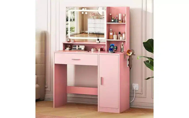 Lighted Vanity Desk with Mirror, Drawer, Cabinet & Shelves – Black / Brown / Pink / White – 1 Person