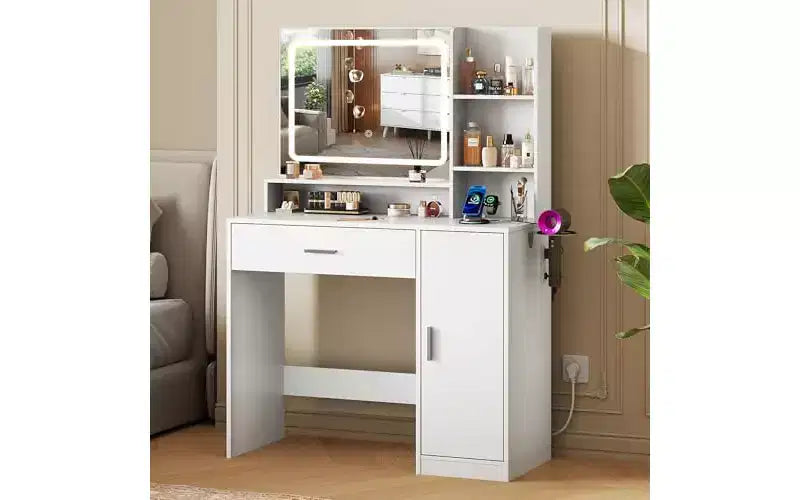 Lighted Vanity Desk with Mirror, Drawer, Cabinet & Shelves – Black / Brown / Pink / White – 1 Person