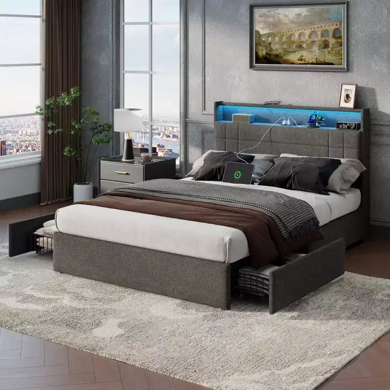 Gray Full Size Upholstered Bed Frame 4 Storage Drawers LED Lights Charging Station Headboard Heavy Duty Platform No Box Spring Needed
