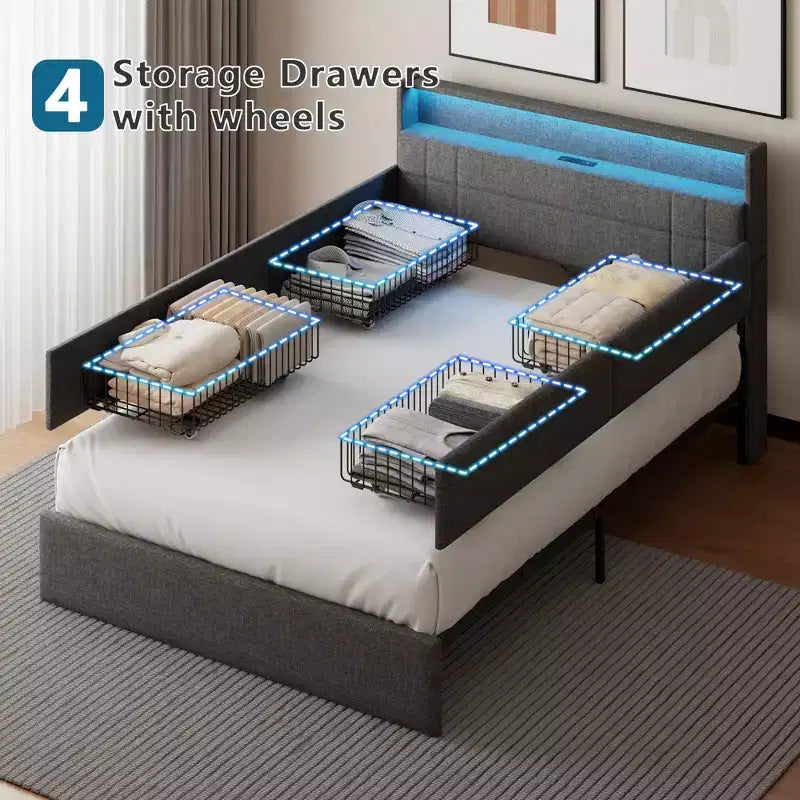 Dark Gray Full Upholstered Platform Bed with Storage, 1-Person