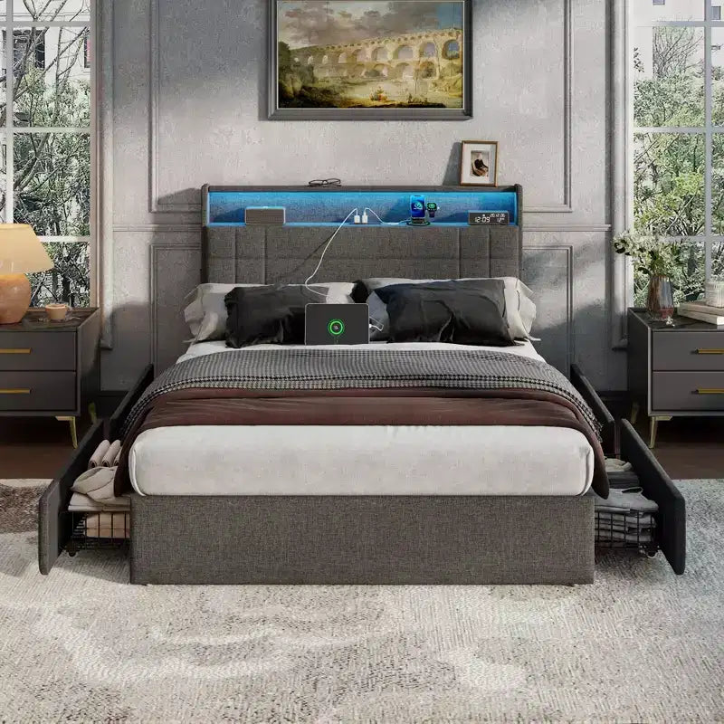 Dark Gray Full Upholstered Platform Bed with Storage, 1-Person