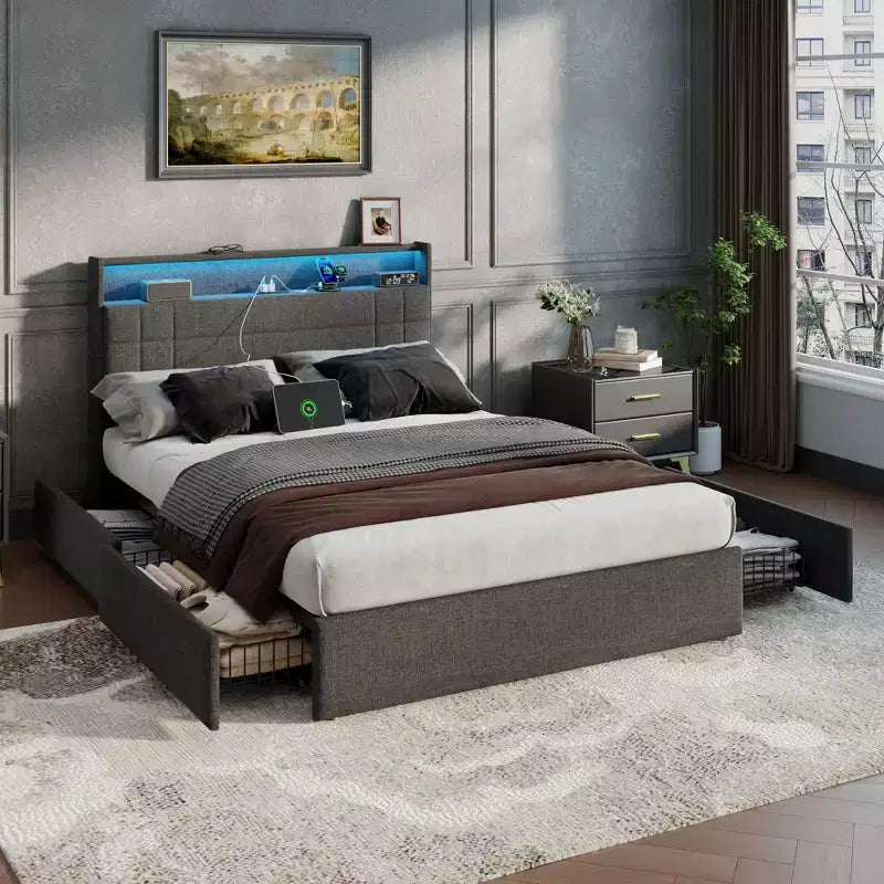 Dark Gray Full Upholstered Platform Bed with Storage, 1-Person