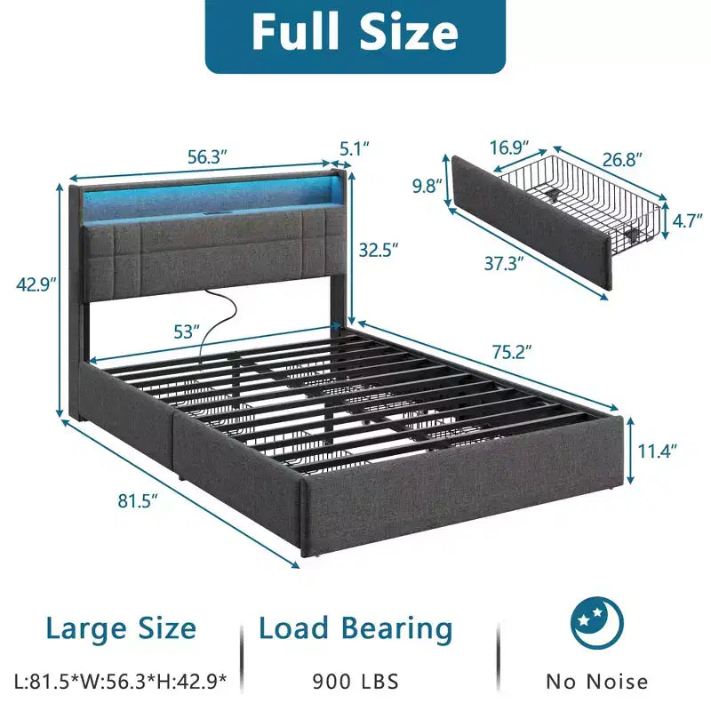 Dark Gray Full Upholstered Platform Bed with Storage, 1-Person