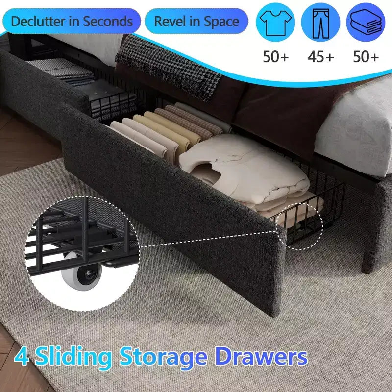 Dark Gray Full Upholstered Platform Bed with Storage, 1-Person