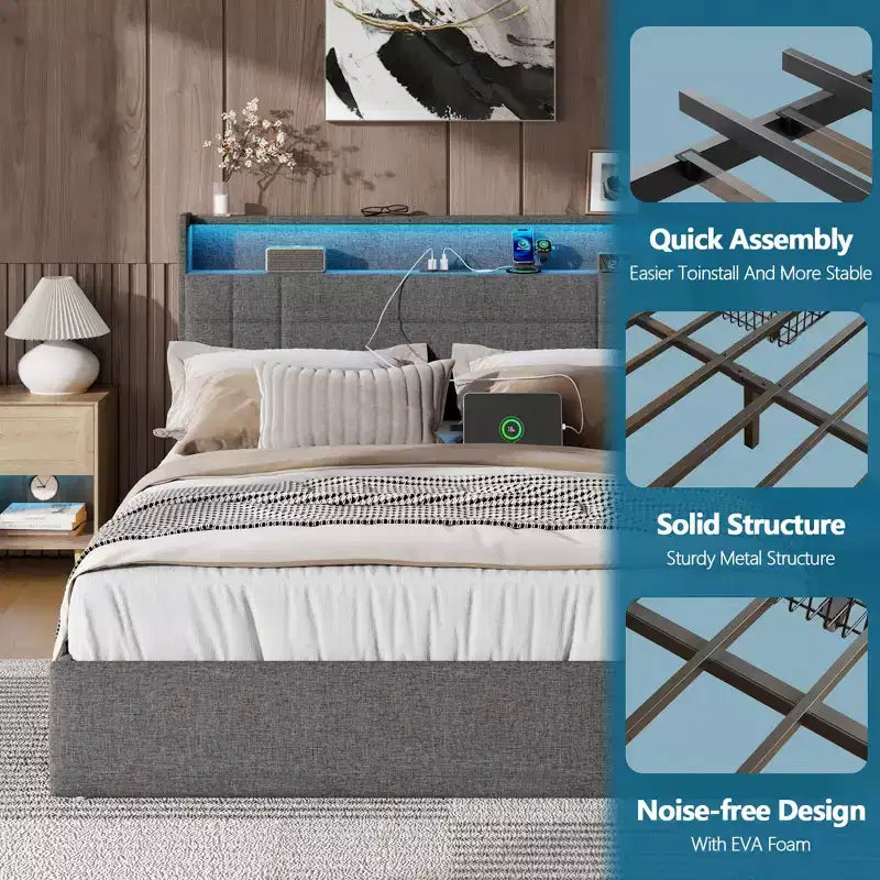 Dark Gray Full Upholstered Platform Bed with Storage, 1-Person