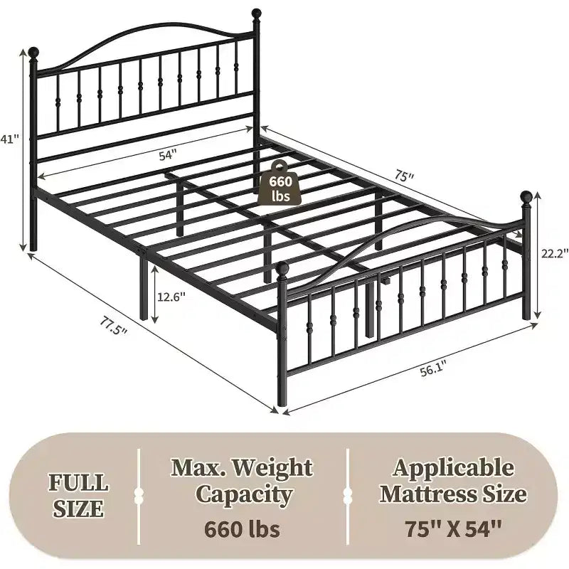Black Metal Bed Frame, Vintage Round Headboard & Footboard, Full/Queen