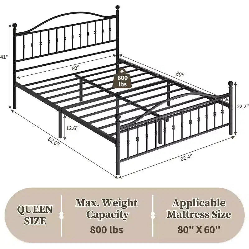 Black Metal Bed Frame, Vintage Round Headboard & Footboard, Full/Queen