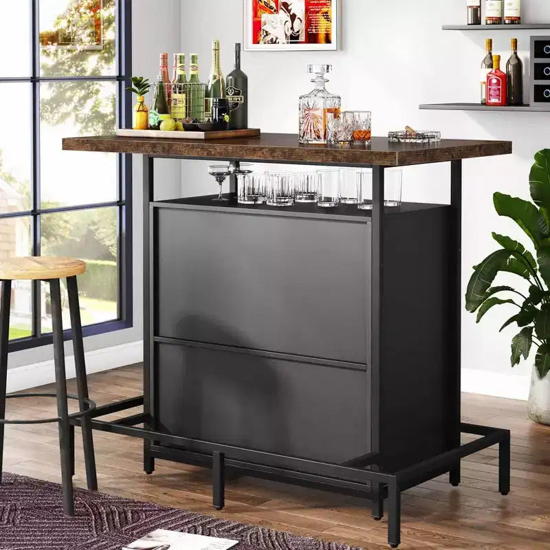 3-Tier Wine Bar Cabinet, Brown & Black, Open Shelf