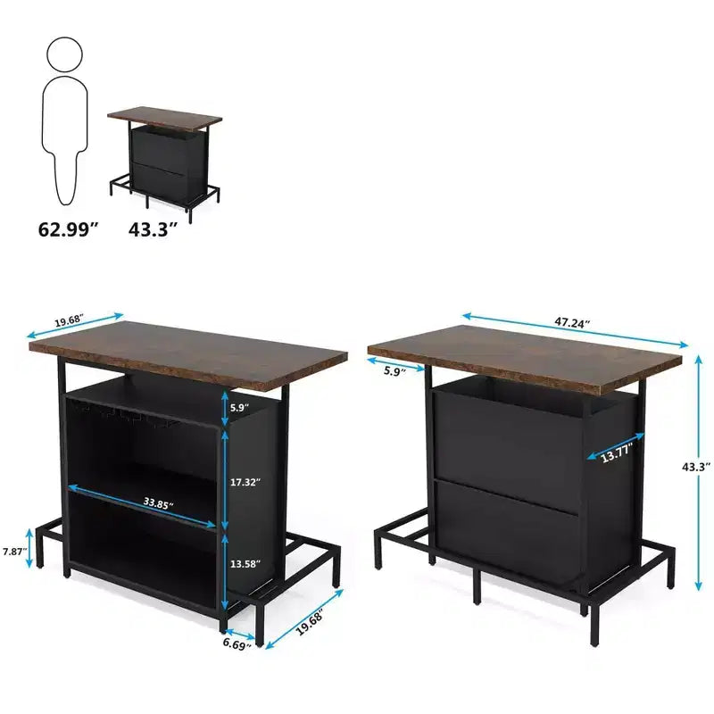 3-Tier Wine Bar Cabinet, Brown & Black, Open Shelf