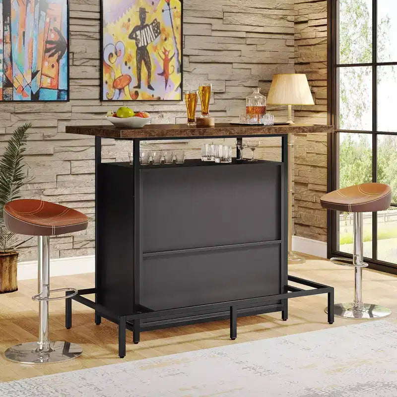 3-Tier Wine Bar Cabinet, Brown & Black, Open Shelf