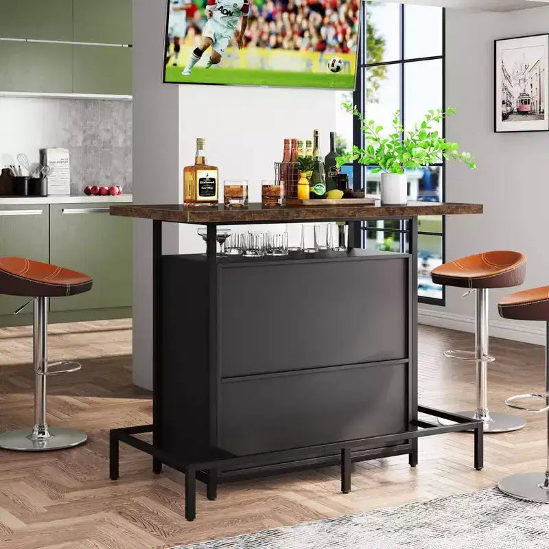 3-Tier Wine Bar Cabinet, Brown & Black, Open Shelf