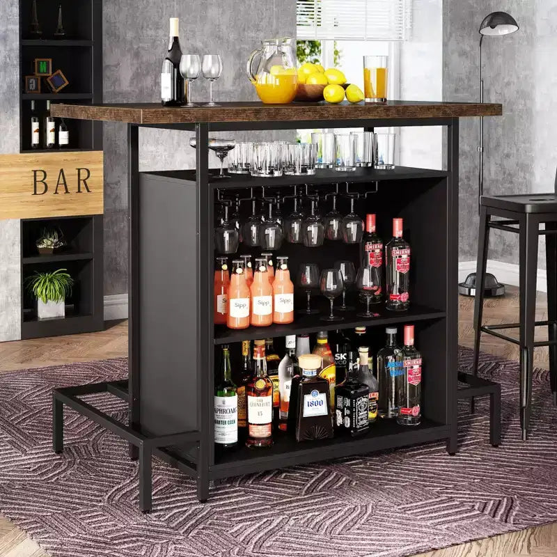 3-Tier Wine Bar Cabinet, Brown & Black, Open Shelf