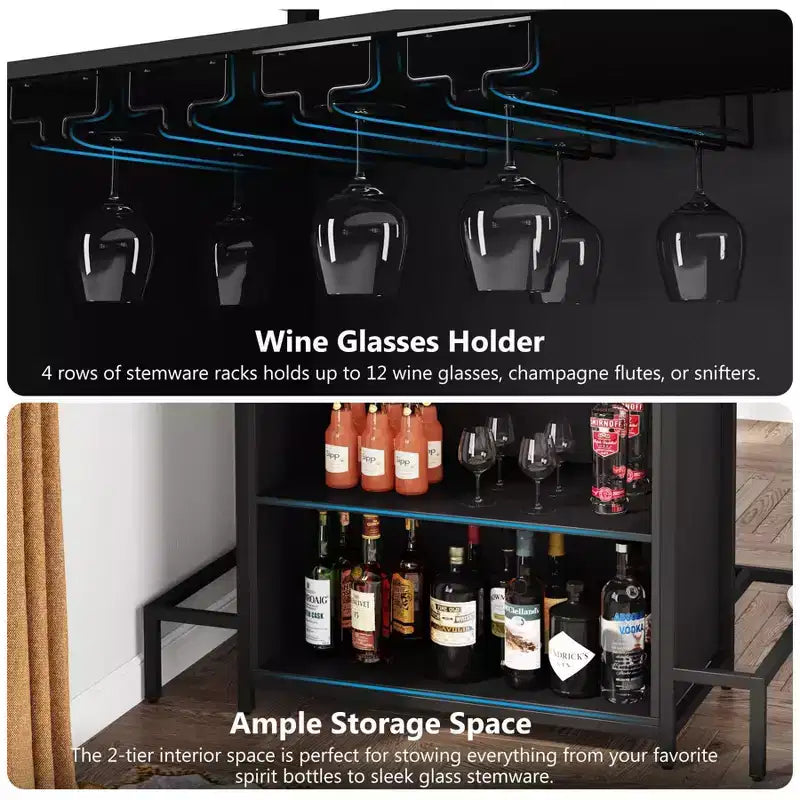 3-Tier Wine Bar Cabinet, Brown & Black, Open Shelf