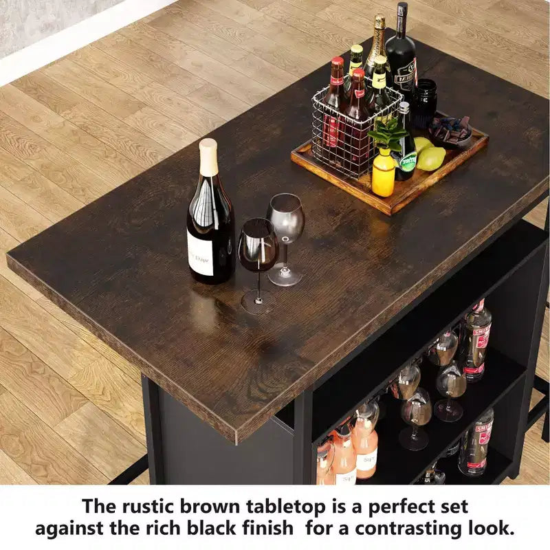 3-Tier Wine Bar Cabinet, Brown & Black, Open Shelf