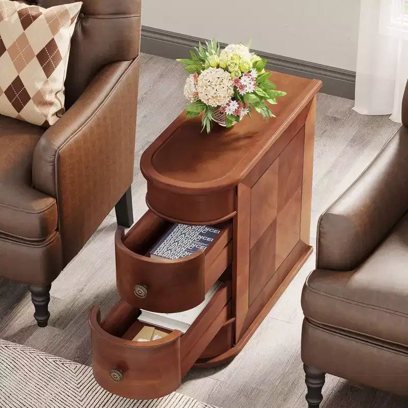 Brown Walnut 2-Drawer Solid Wood End Table, 1-Piece