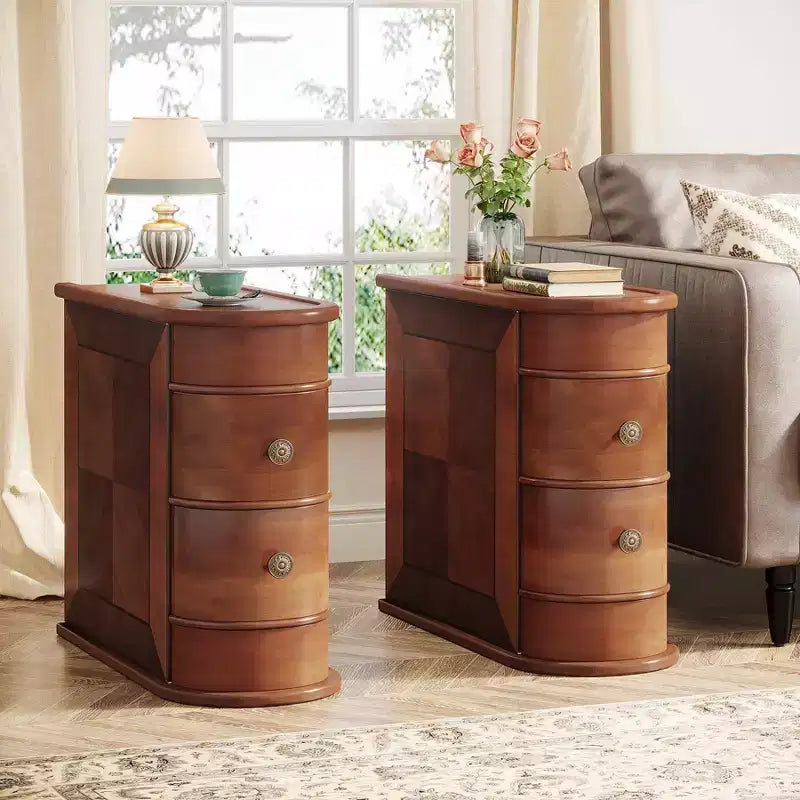 Brown Walnut 2-Drawer Solid Wood End Table, 1-Piece