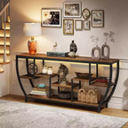 Black Metal Frame Brown Wood Console Table with 7 Shelves, 1-Person Assembly