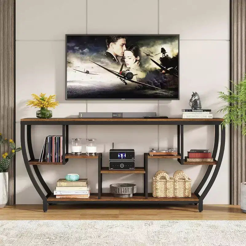 Black Metal Frame Brown Wood Console Table with 7 Shelves, 1-Person Assembly