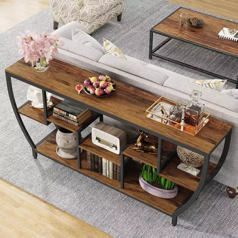 Black Metal Frame Brown Wood Console Table with 7 Shelves, 1-Person Assembly