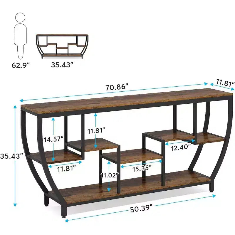 Black Metal Frame Brown Wood Console Table with 7 Shelves, 1-Person Assembly