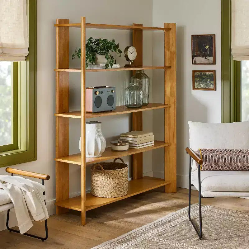 Natural Wood Open Bookcase, 5-Shelf, Natural