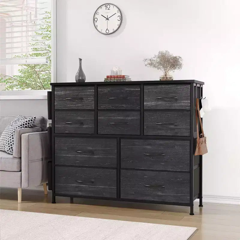 Gray Fabric Dresser, 10-Drawer, 1-Person – with Side Pockets & Hooks