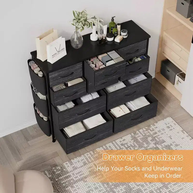 Gray Fabric Dresser, 10-Drawer, 1-Person – with Side Pockets & Hooks