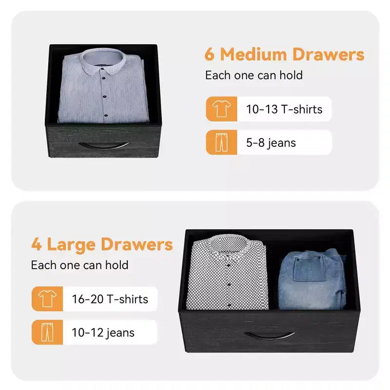 Gray Fabric Dresser, 10-Drawer, 1-Person – with Side Pockets & Hooks