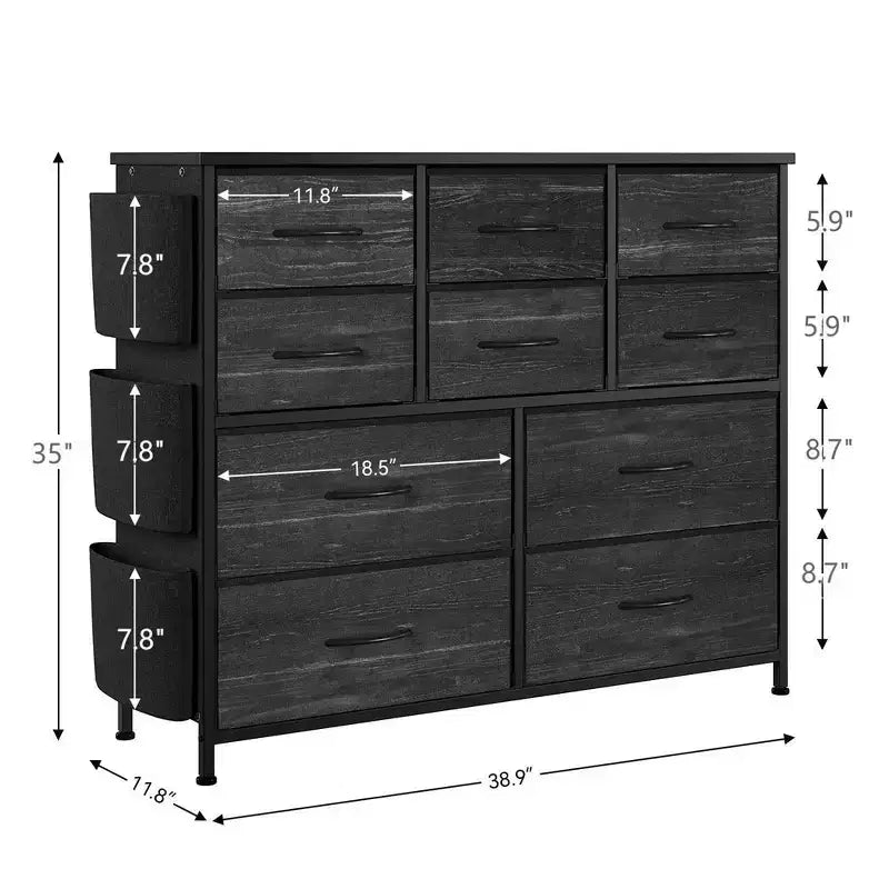 Gray Fabric Dresser, 10-Drawer, 1-Person – with Side Pockets & Hooks