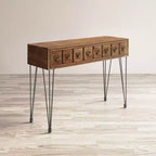 Brown Irregular Solid Wood & Metal Console / Sofa Table, 2-Drawer