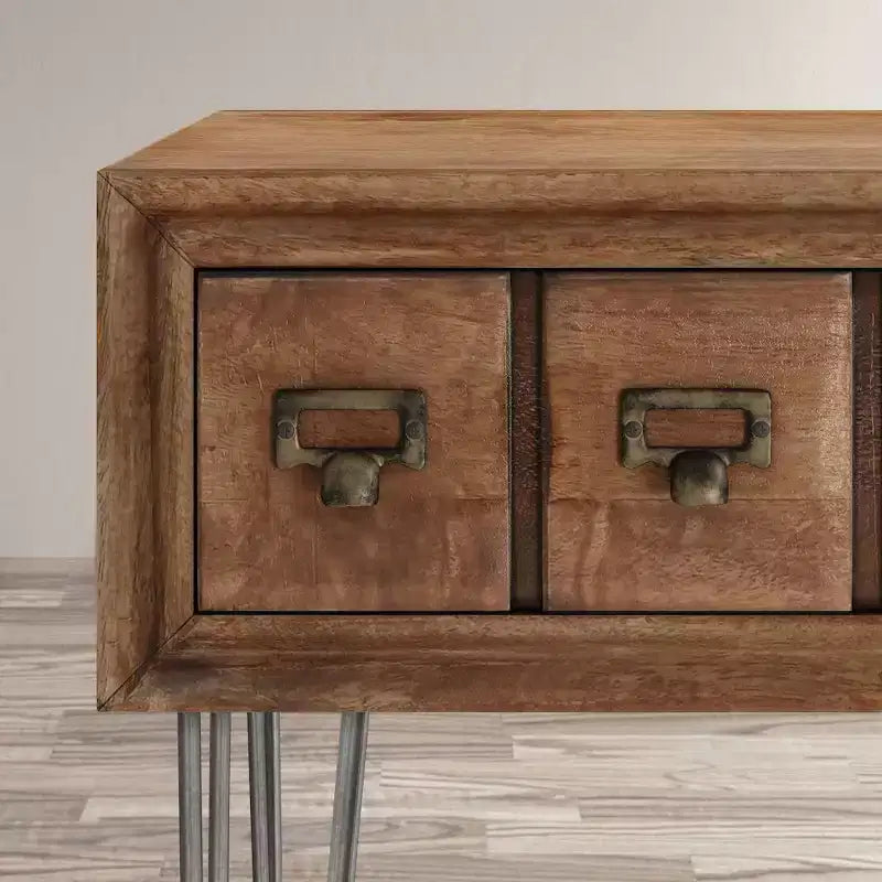 Brown Irregular Solid Wood & Metal Console / Sofa Table, 2-Drawer