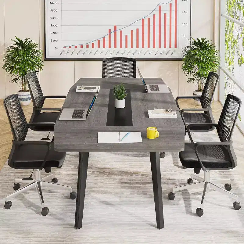70.86" Boat-Shaped Executive Desk, Brown & Black / Grey & Black, Seats up to 4