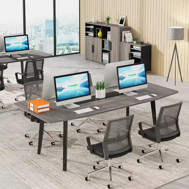 70.86" Boat-Shaped Executive Desk, Brown & Black / Grey & Black, Seats up to 4