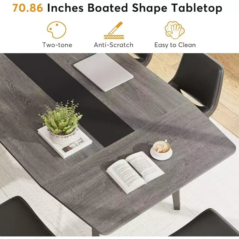 70.86" Boat-Shaped Executive Desk, Brown & Black / Grey & Black, Seats up to 4