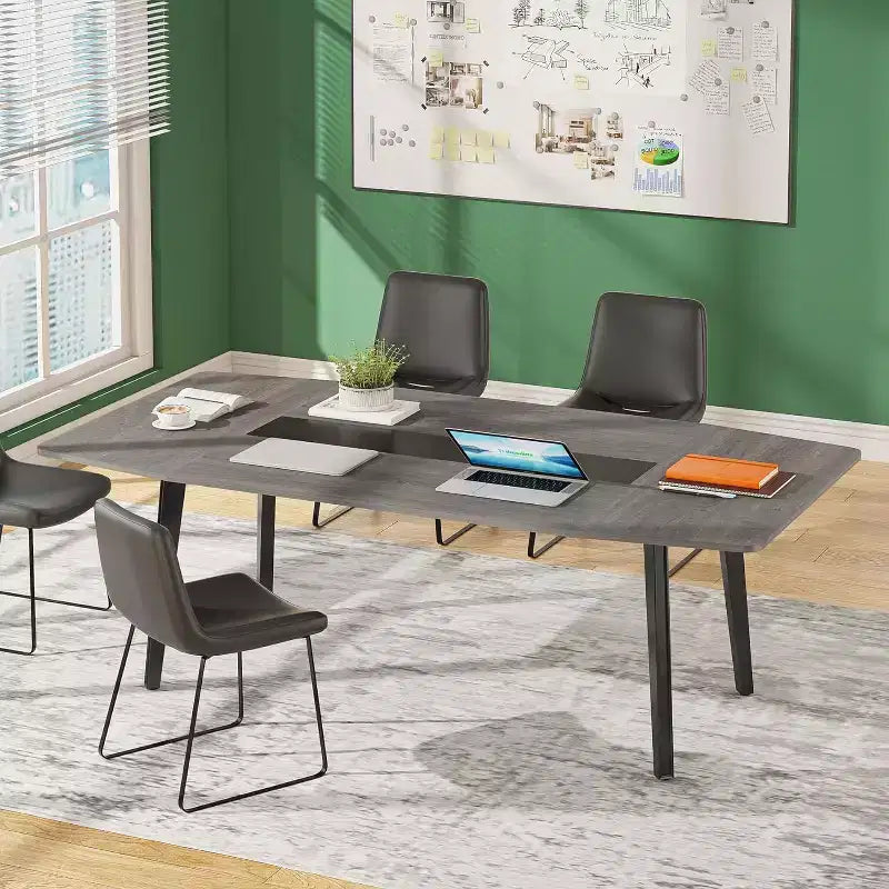 70.86" Boat-Shaped Executive Desk, Brown & Black / Grey & Black, Seats up to 4