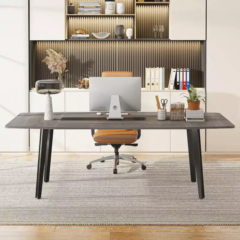 70.86" Boat-Shaped Executive Desk, Brown & Black / Grey & Black, Seats up to 4