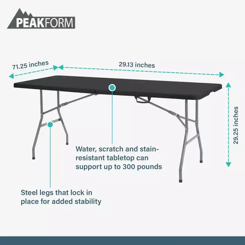Black Rectangle Folding Table, Seats 6, 6 ft